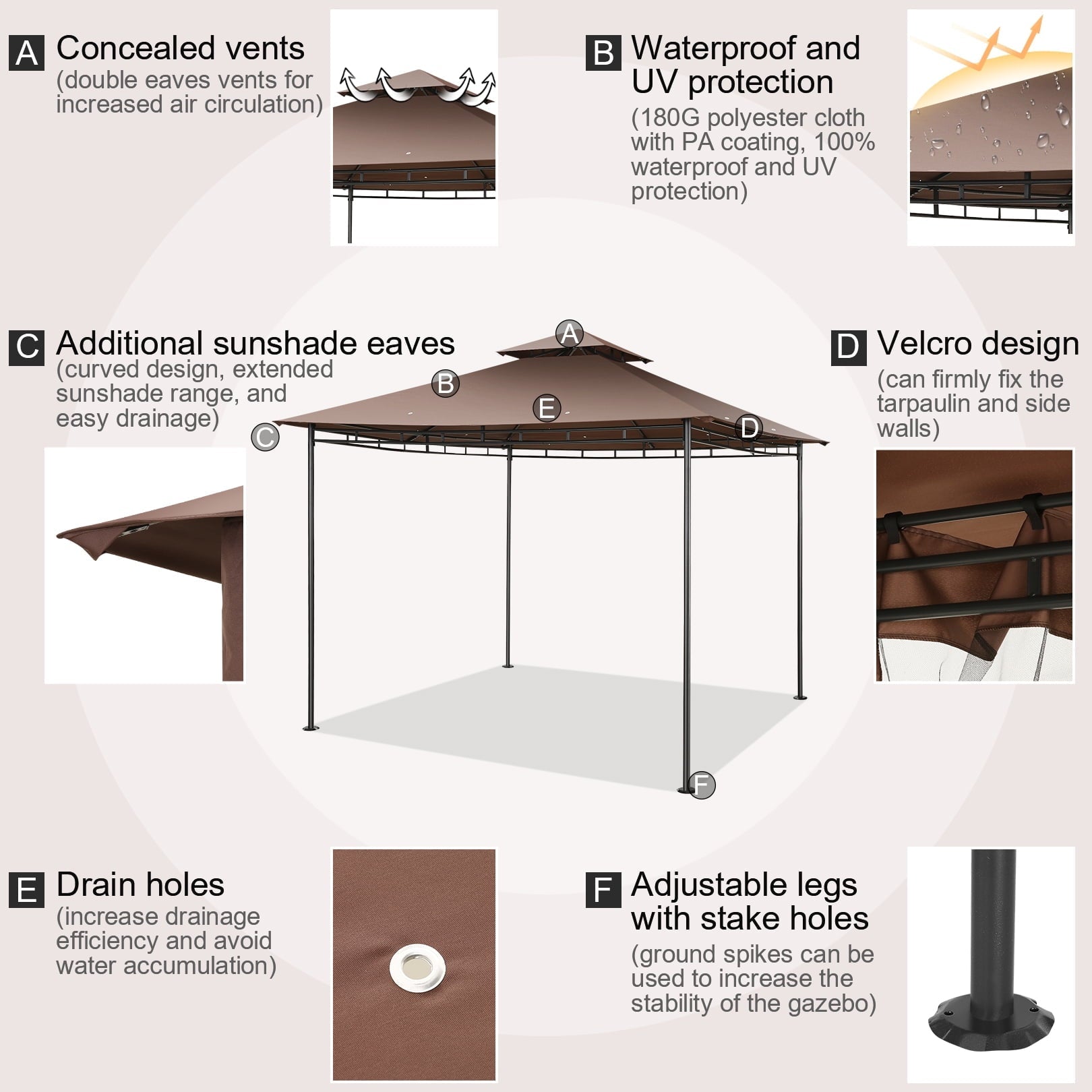 SANOPY 10' x10' Canopy Gazebo, Assembled Style Wrought Iron Gazebo Tent Can Accommodate 6-10 People with 4 Detachable Mosquito Net Side Walls, Rainproof&Sunproof Canopy Tent For Garden, Yard, Beach