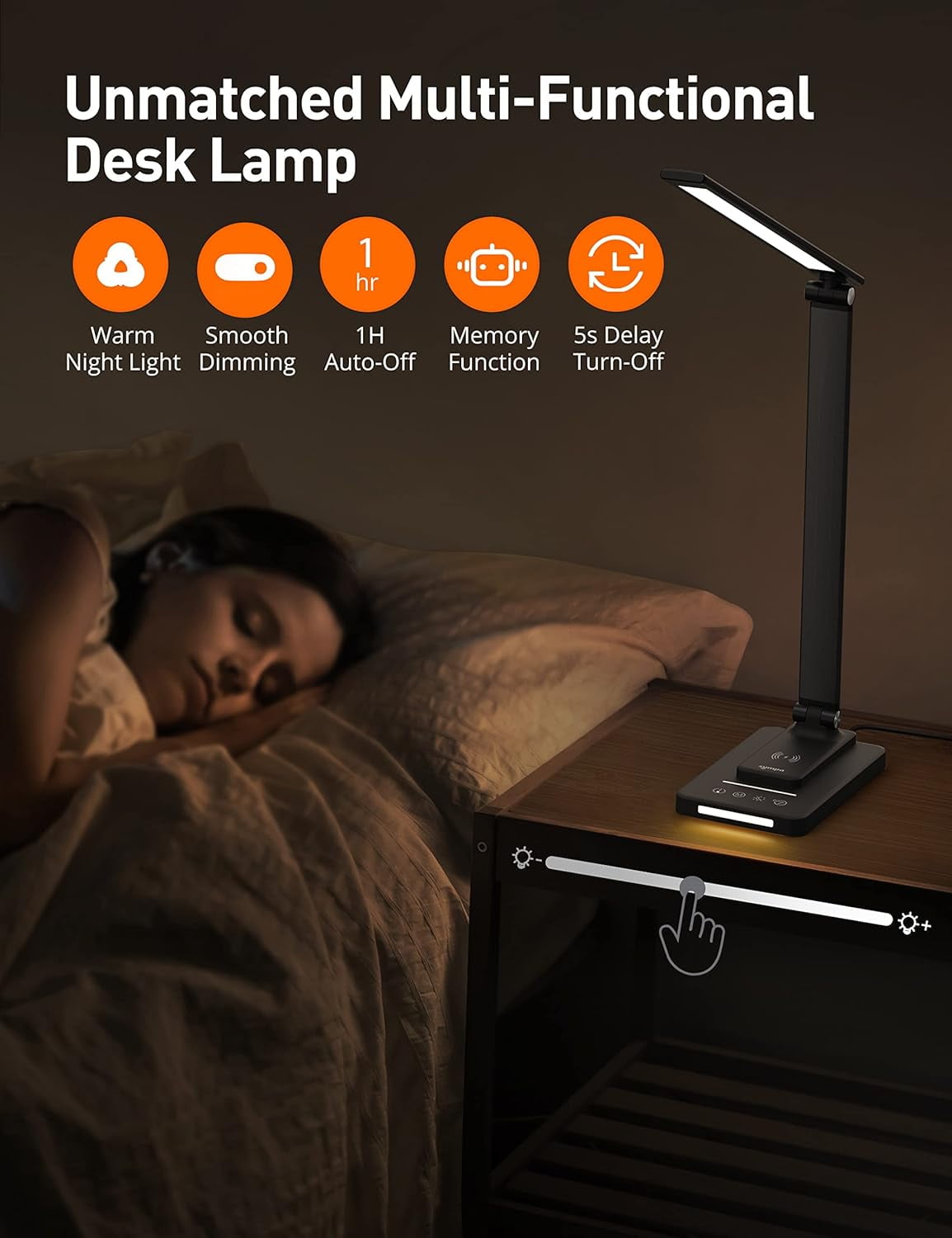 TaoTronics Desk Lamp, Reading Light with Wireless Charger, Dimmable Lamp with 5 Lighting Modes 5 Brightness Levels,60 Min Timer & Touch Control, LED Lights for Bedroom, Black