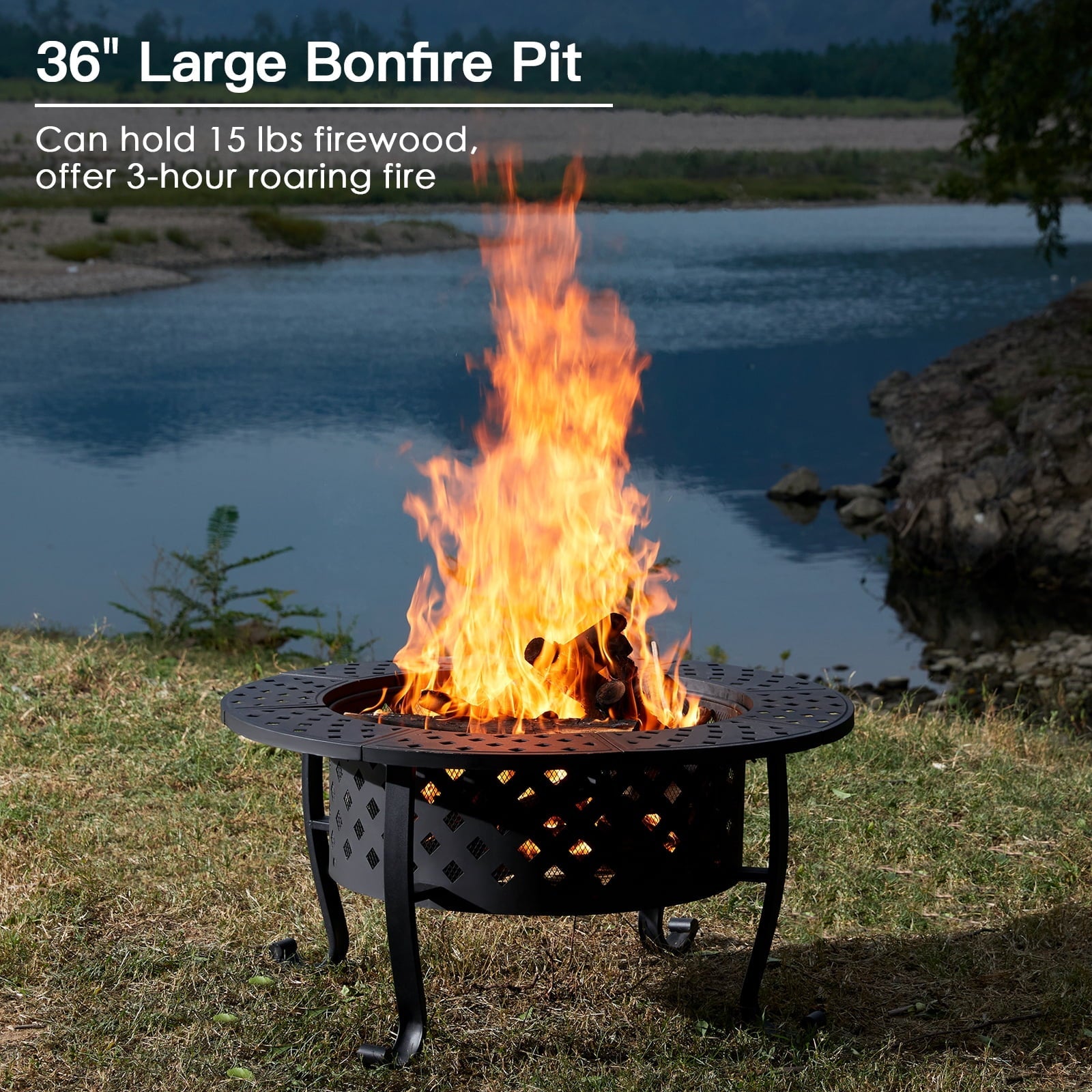 PaPaJet 36 inch Fire Pit with 2 Grill with Lid for Outside, Papajet
