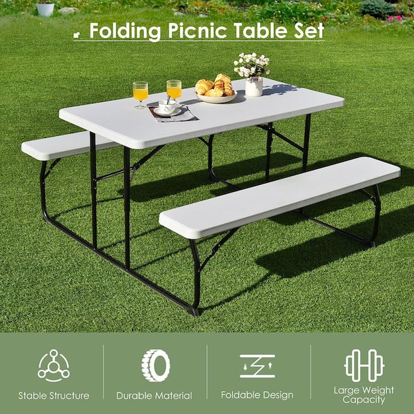 White Foldable Metal Bench Set Picnic Outdoor Camping Table With Extension