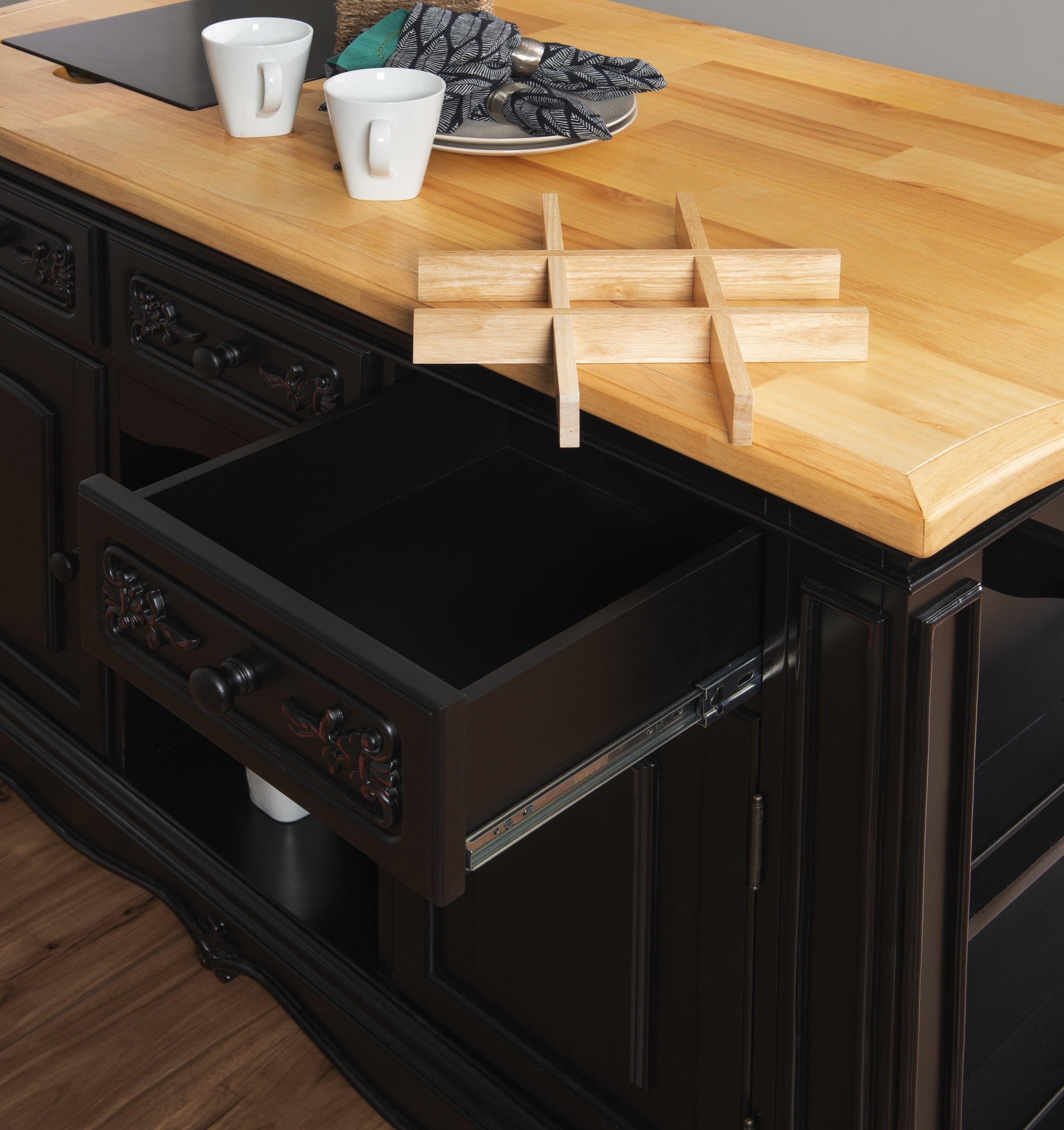 Pennfield Kitchen Island with Black Granite Removable Cutting Surface, Black and Natural