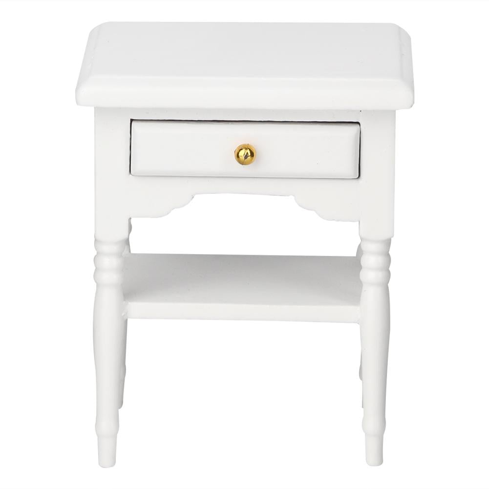FAGINEY Bedside Table ,1:12 White Mini Bedroom Furnishing Articles Wooden Bedside Table Model,Toy
