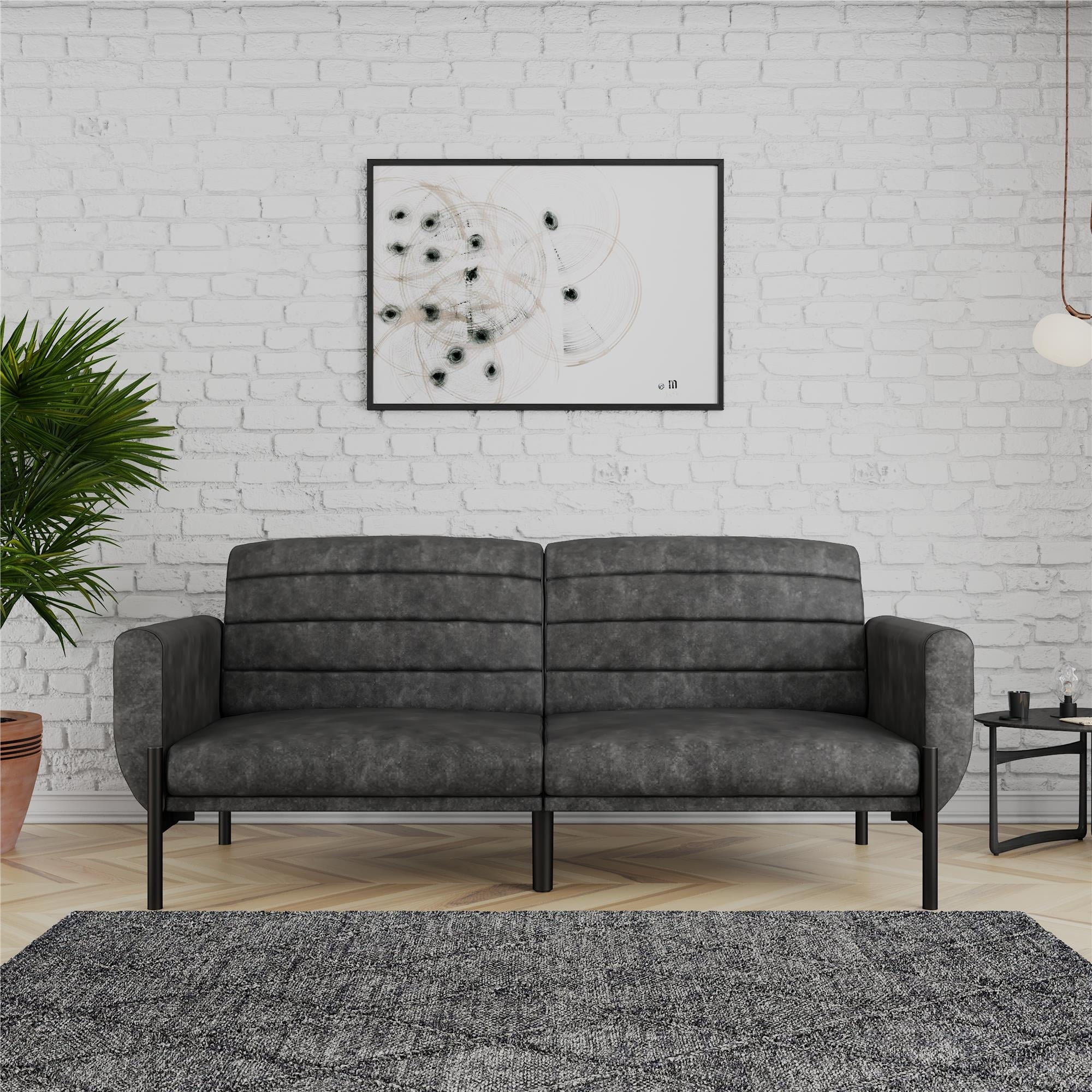 DHP Sadie Futon Sofa Bed and Couch Sleeper, Distressed Charcoal Black Faux Leather