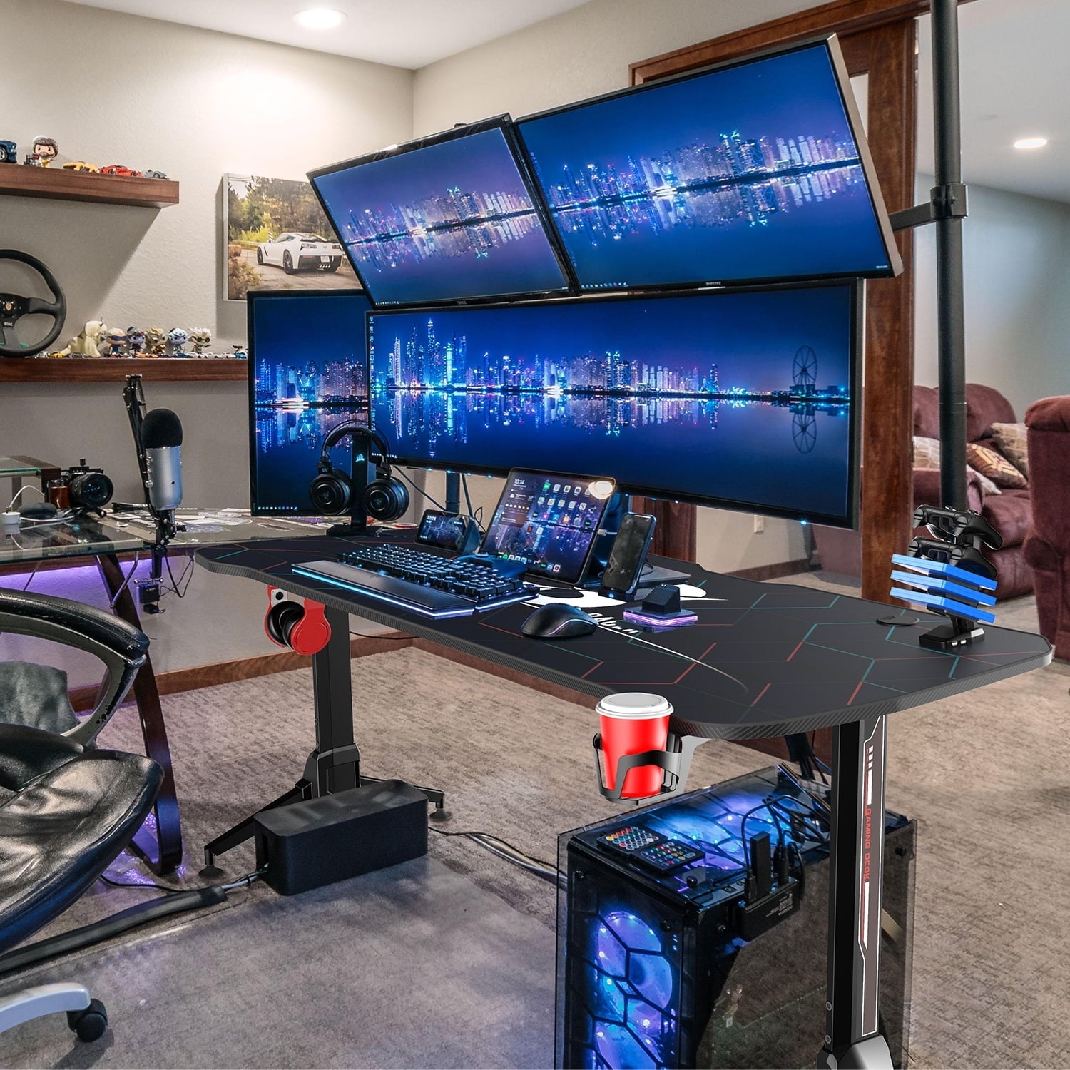 Lacoo Gaming Desk Steel Frame Y-shaped Gaming Desk with Adjustable Height, Black 63