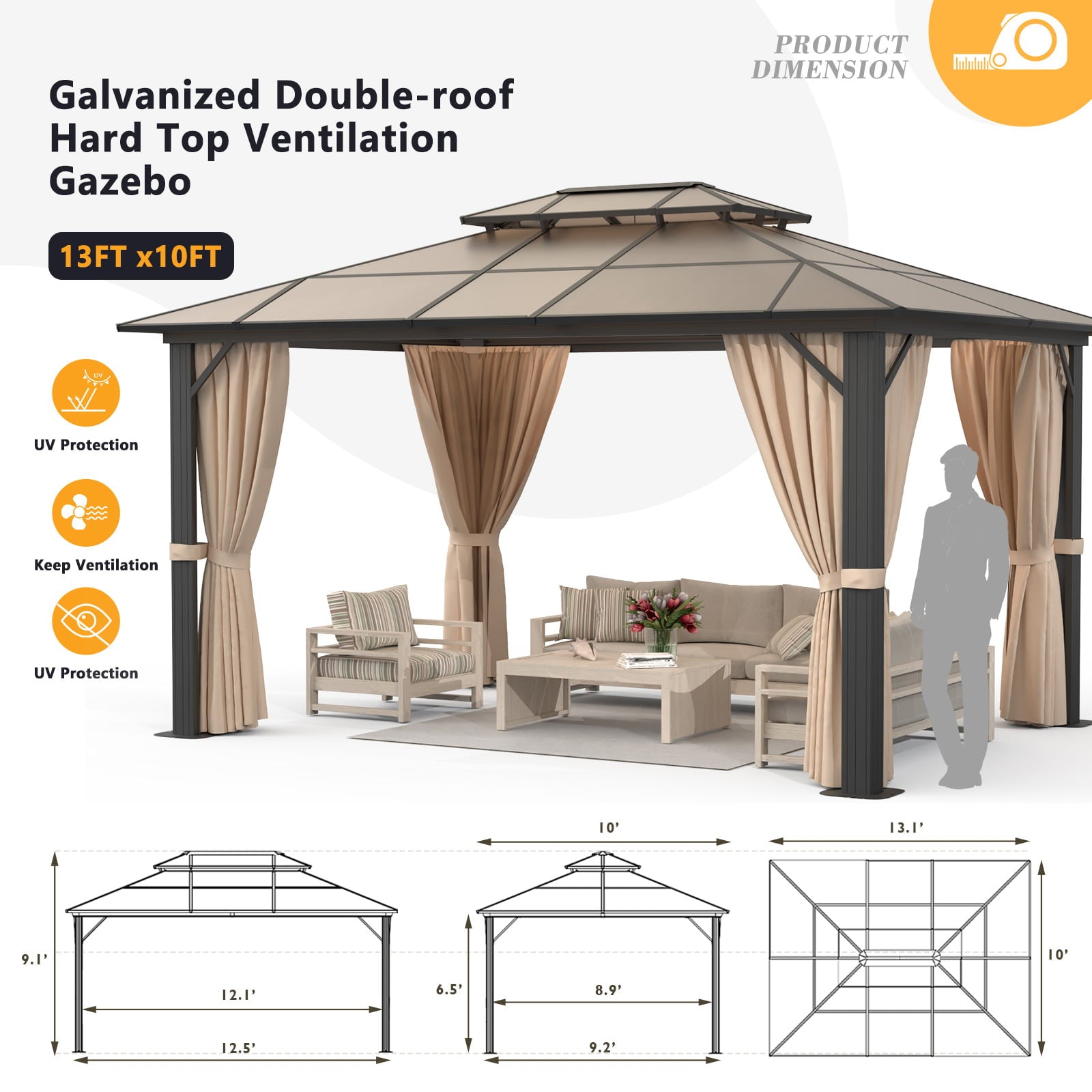 Aoxun 10 ft. x 13 ft. Hardtop Gazebo, Double Polycarbonate Roof Aluminum Frame Gazebo W/Curtain and Netting, Brown