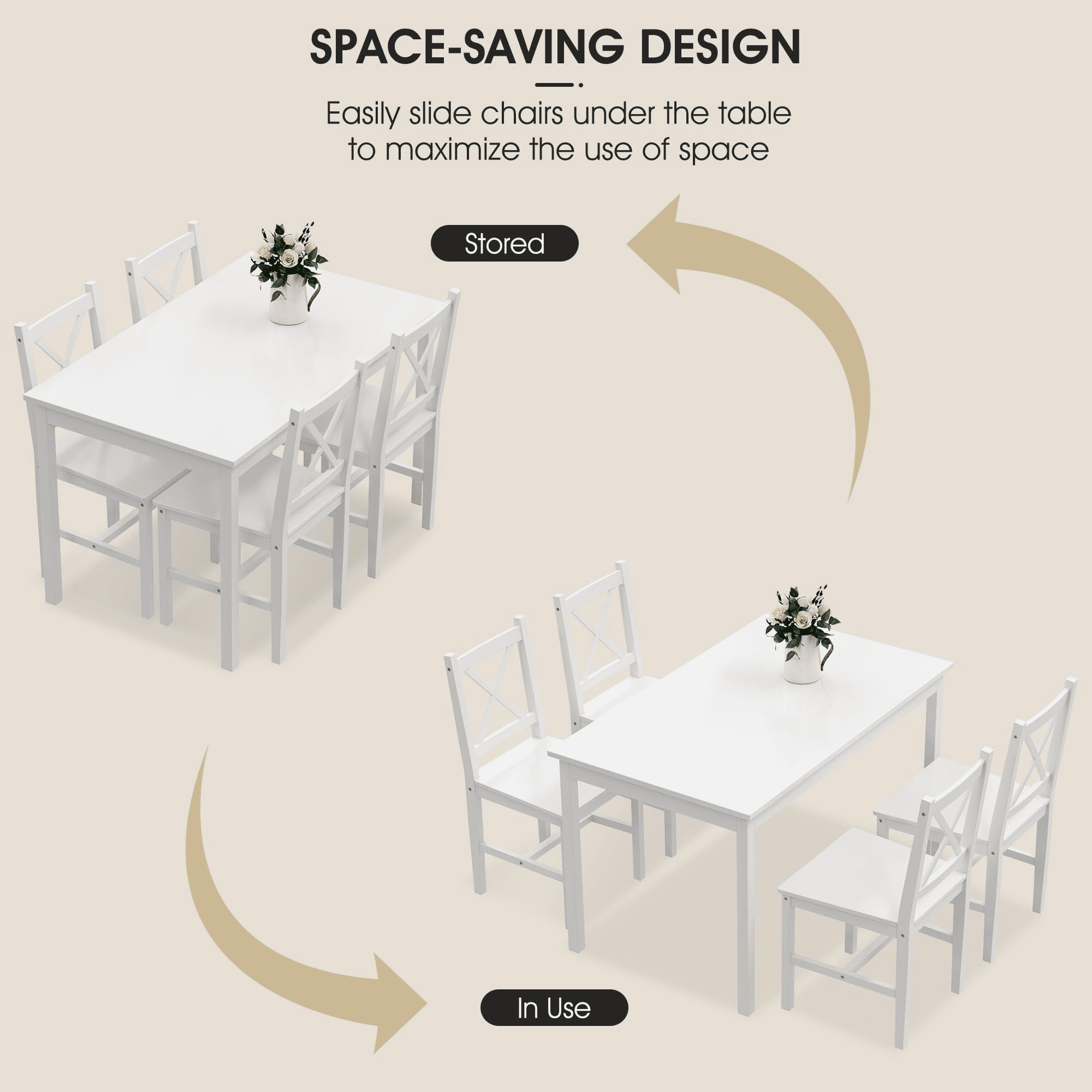 Alohappy Dining Table with 4 Chairs Set, 5 Piece Kitchen Table Set  for 4, Pine Wood Dining Table Rectangle Breakfast Table and Chairs for Home Kitchen Small Space, Space-Saving & Easy Assembly, White