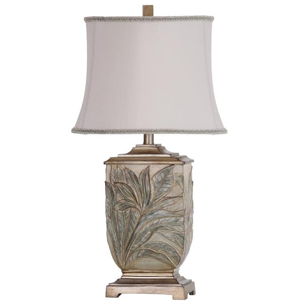 27.5 in. White Embossed Foliage Table Lamp with Ivory Fabric Shade