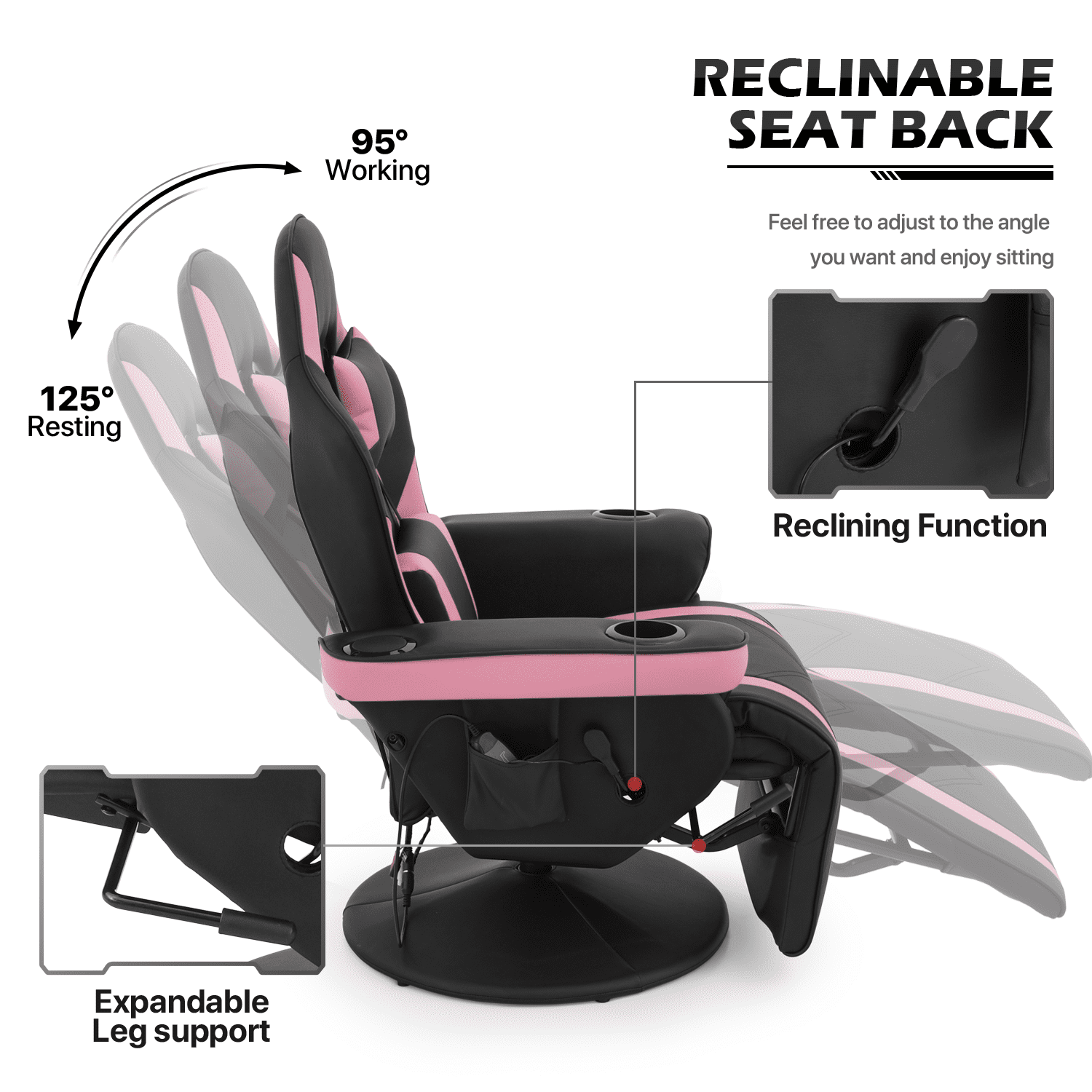 MoNiBloom Massage Video Gaming Recliner Chair, Ergonomic Computer Desk Chair with Bluetooth Speakers, High Back PU Leather Chair with Adjustable Backrest, Footrest and Lumbar Support, Pink