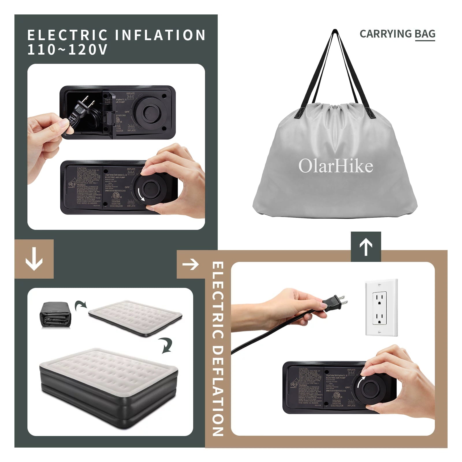 US 18 inch Queen Size Air Mattress with Built-in-Pump, Black