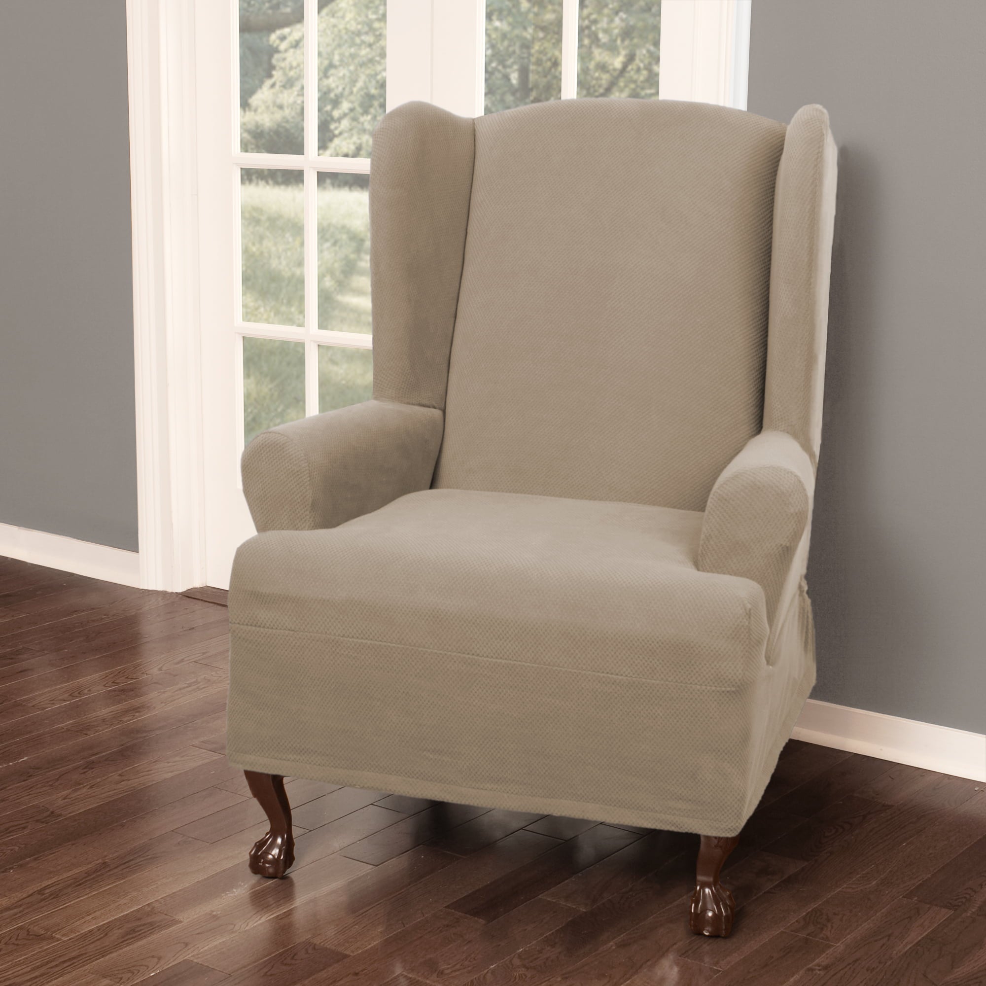 Zenna Home Solid Print and Textured Solid Polyester Wing Chair Slipcover, Beige