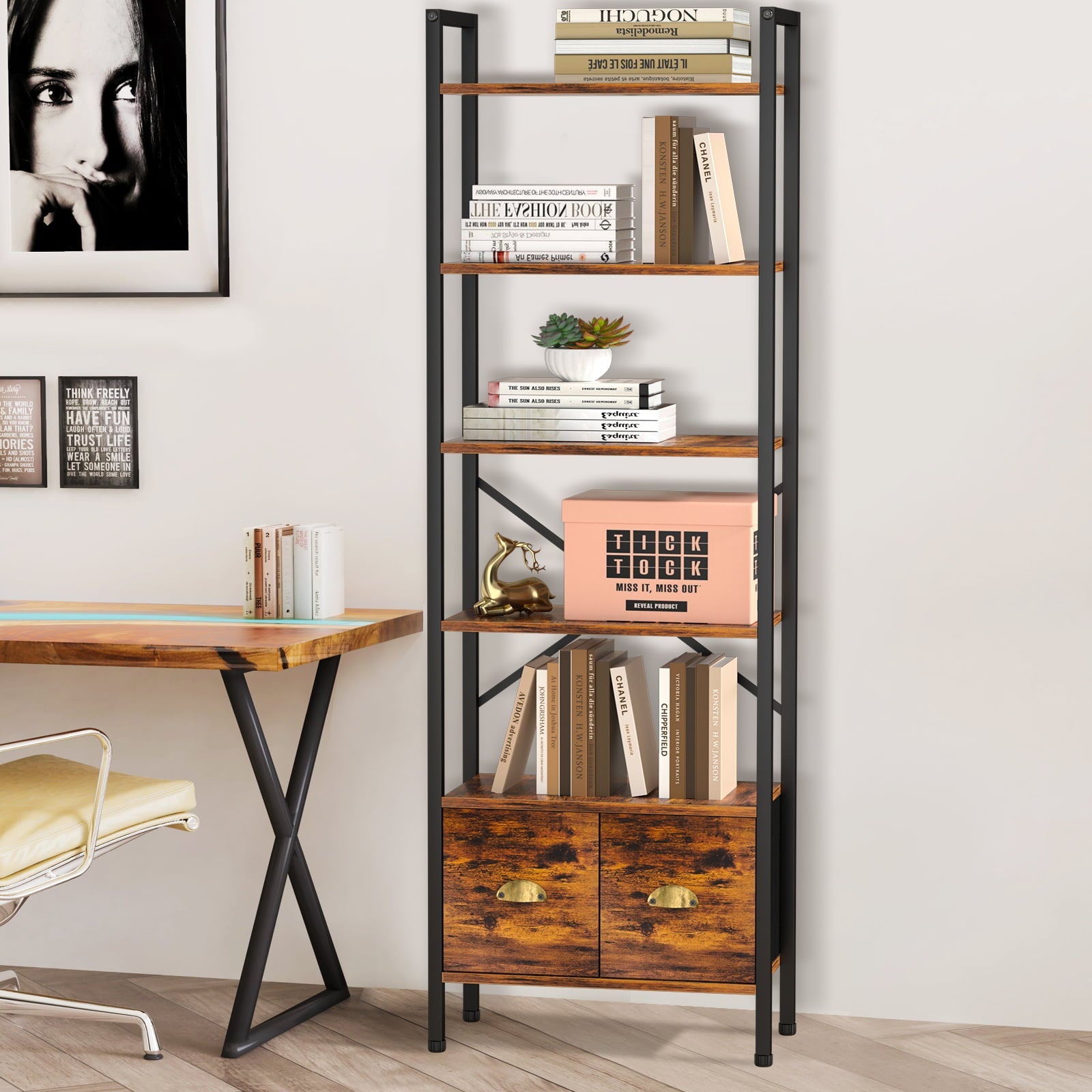 BEHOST 6 Shelf Bookcase, 70in Tall Bookshelf with 2 Drawers, set of 1, Rustic Brown