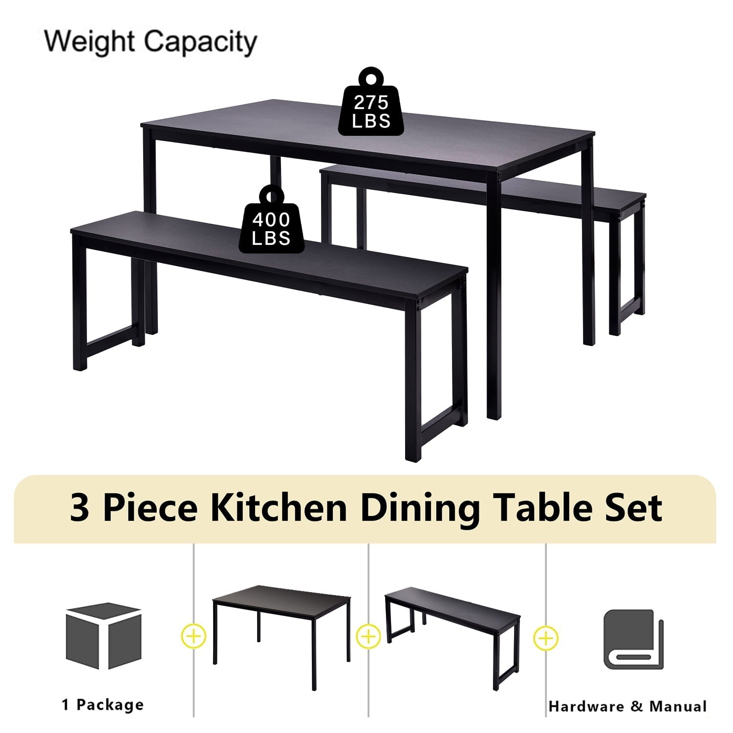 3 Piece Dining Table Set, Modern Wood Table Top Dining Table Set with Bench and Metal Frame, Breakfast Nook Dining Room Set, Dining Set for 4, Kitchen Living Dining Room Furniture, Black