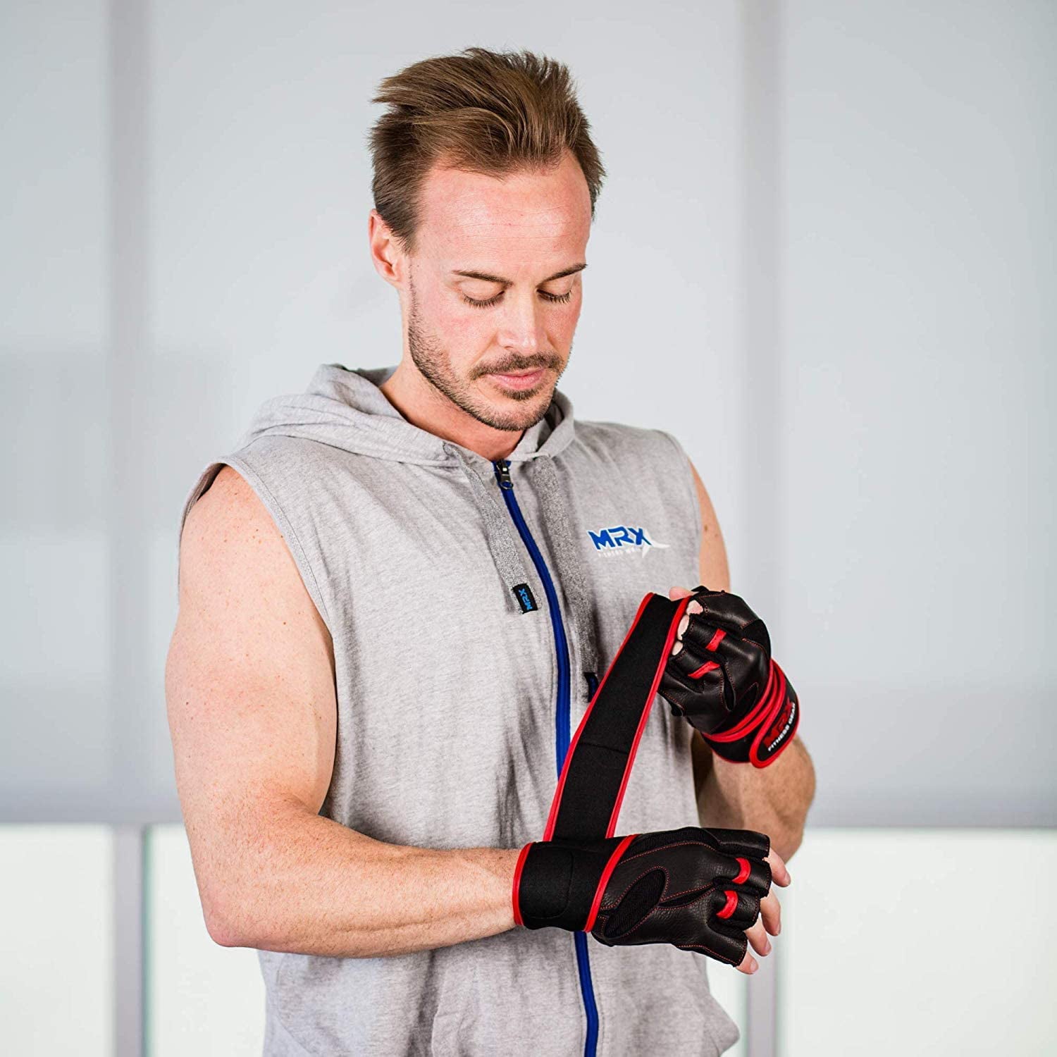 MRX Weight Lifting Gloves Gym Power Training Fitness Bodybuilding Glove Long Wrist Strap Black / Red M