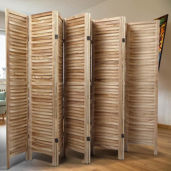 8-Panel Sycamore Wood Panel Screen Folding Louvered Room Divider, Light Burn