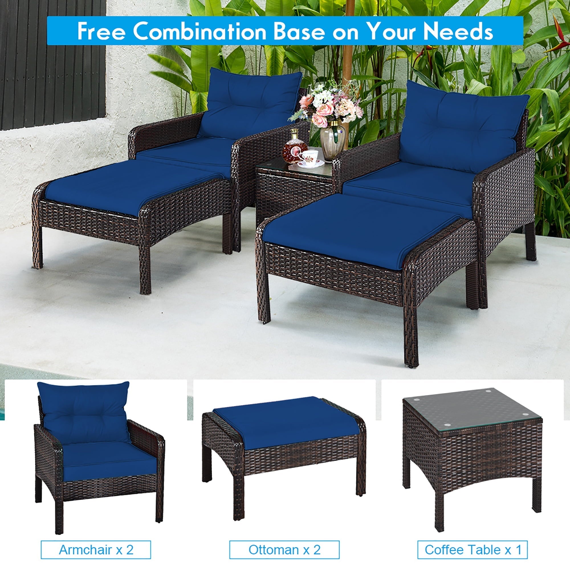 Costway 5 PCS Patio Rattan Wicker Furniture Set Sofa Ottoman Coffee Table Cushioned Navy