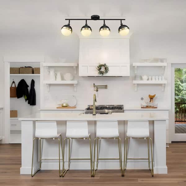 Bari 2.8 ft. 4-Lights Matte Black Fixed Track Lighting Kit with Brass Accents and Frosted Glass Shades, Bulbs Included