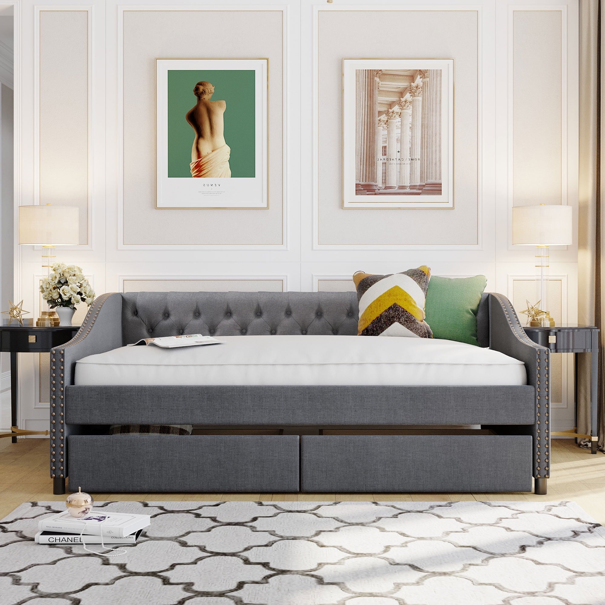 Full Size Daybed with 2 Storage Drawers, Upholstered Platform Bed Frame with Button Tufted Backrest, Nailhead Trim Storage Sofa Bed for Living Room Bedroom, Mattress Not Included, Gray