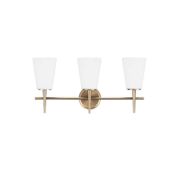 Driscoll 24.5 in. W. 3-Light Modern Satin Brass Bathroom Vanity Light with Inside White Painted Etched Glass