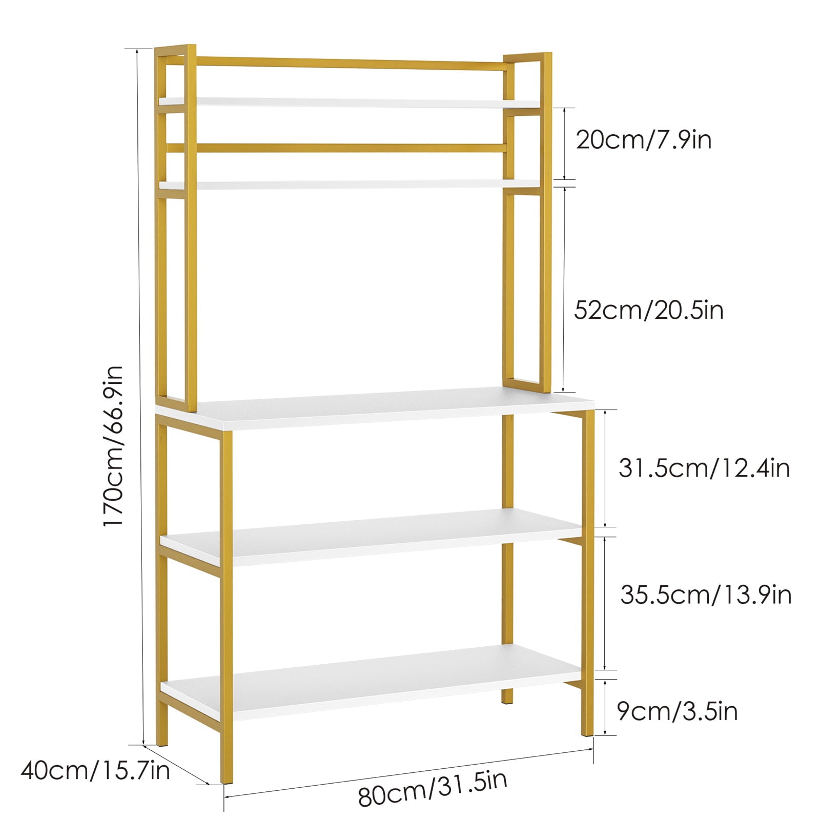 Homfa 5-Tier Kitchen Bakers Rack with Hutch, Gold Framed Microwave Oven Stand Storage Shelf, White Finish