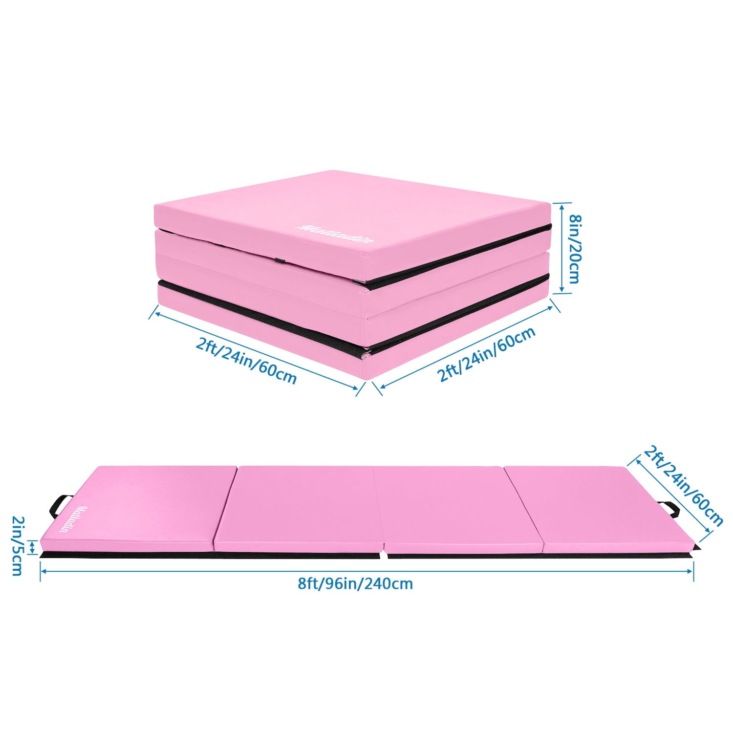 Matladin 8' Folding Gymnastics Gym Exercise Aerobics Mat, 8ft x 2ft x 2in PU Leather Tumbling Mats (Pink)