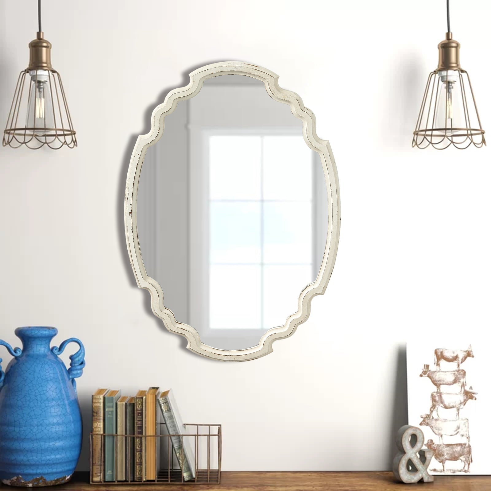 Sintosin Hanging Rustic Distressed White Oval Mirrors for Wall Decor, Vintage Wood Oval Bathroom Mirror, 16.9