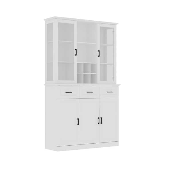 White Wooden 45.4 in. Width Sideboard, Wine Cabinet, Food Pantry with 12-Shelves, 3-Drawers and Glass Doors
