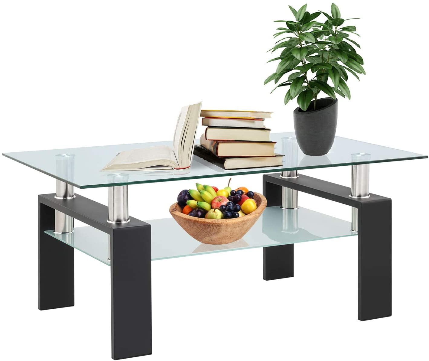 Glass Coffee Table with Lower Shelf, Clear Rectangle Glass Coffee Table, Modern Coffee Table with Metal Legs, Rectangle Center Table Sofa Table Home Furniture for Living Room, L5509