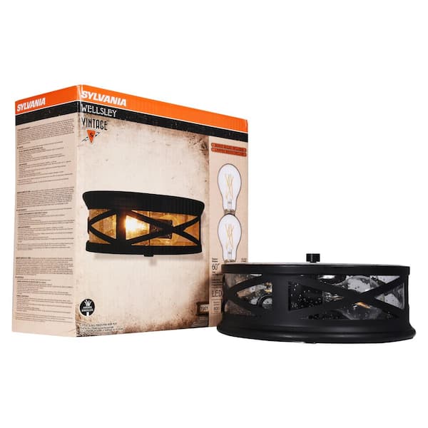 Wellesley 11 in. Double Bulb Antique Black Ceiling Flush Mount with 2 Edison 6.5-Watt LED Light Bulbs Included