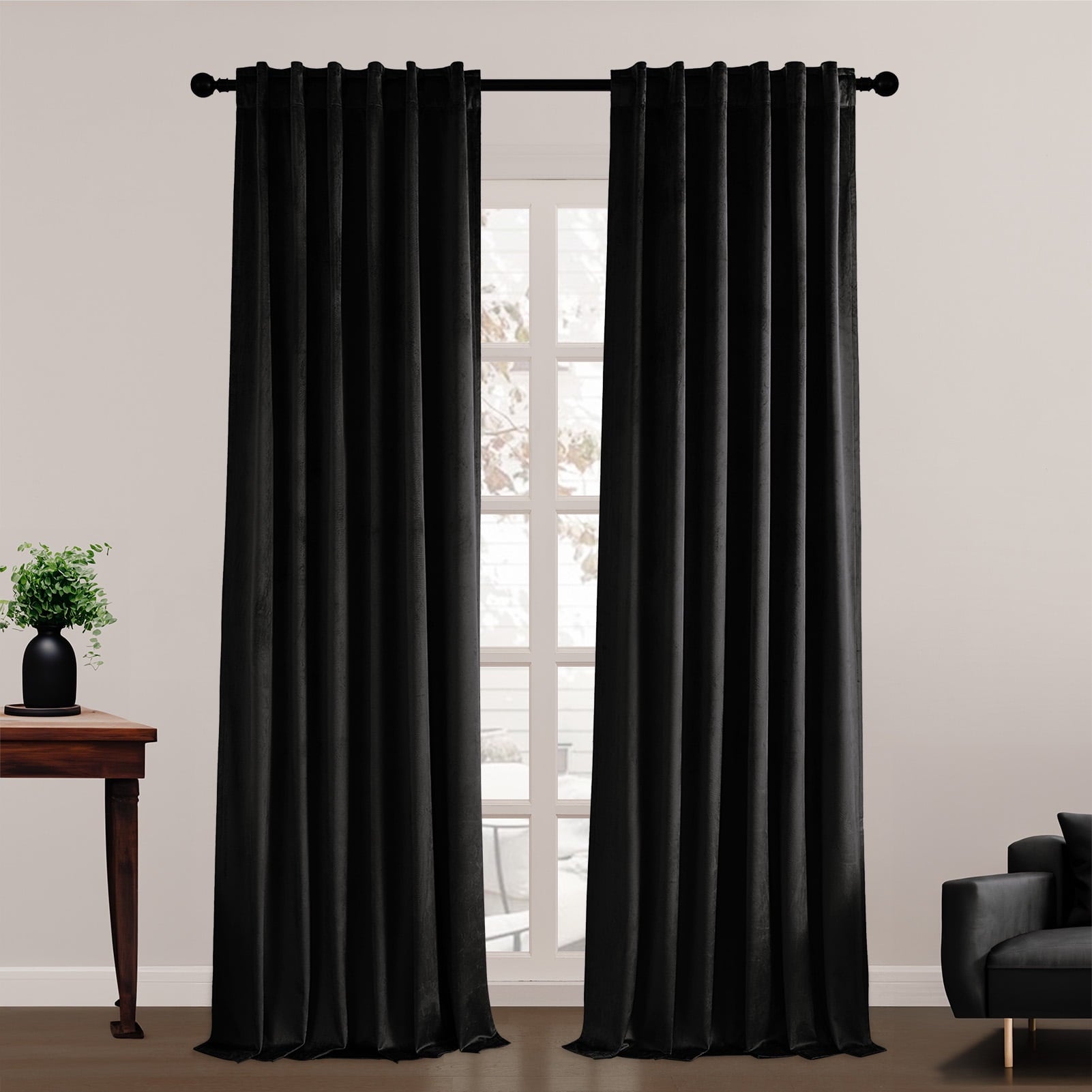 Topfinel 100% Blackout Luxury Velvet Curtain, 84 Inches Long Rod Pocket Back Thermal Insulated Noise Reduce Curtains for living room Bedroom, 2 Panels,52 x 84 Inch,Black