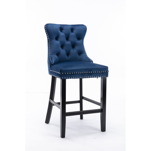 Velvet Bar Stools Set of 2, Upholstered Counter Height Bar Chair with Rivet and Button Trim, Bar Stool with Back and Footrest, for Dining Room, Kitchen, Pub, Gray