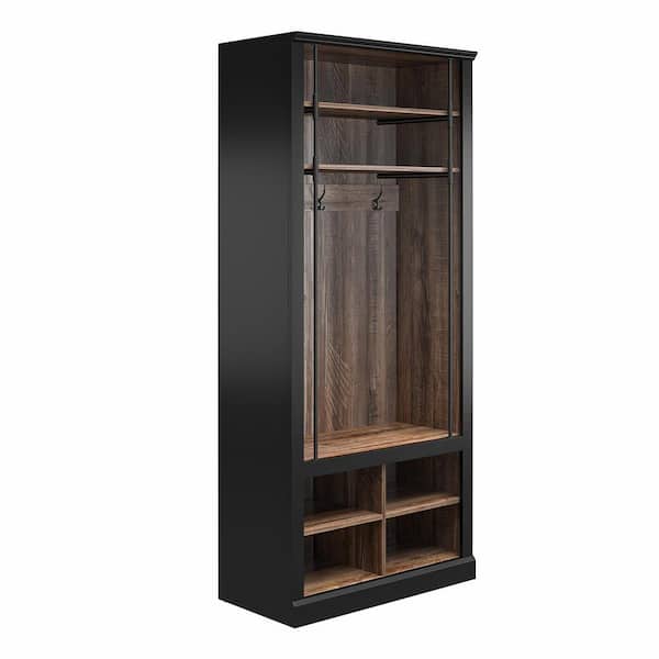 Hutton Black and Walnut Entryway Hall Tree With Bench and Storage Cubbies
