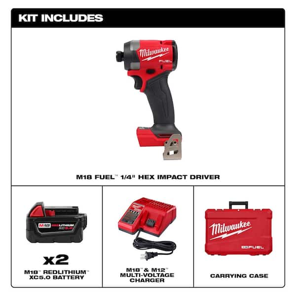 M18 FUEL 18V Lithium-Ion Brushless Cordless 1/4 in. Hex Impact Driver Kit with Two 5.0Ah Batteries Charger Hard Case