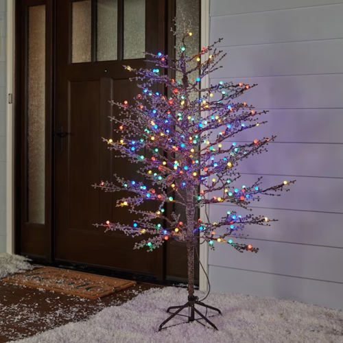 GE 5 FT PRE-LIT BROWN WINTER BERRY TREE W 200 MULTICOLOR LED LIGHTS DECOR, NEW