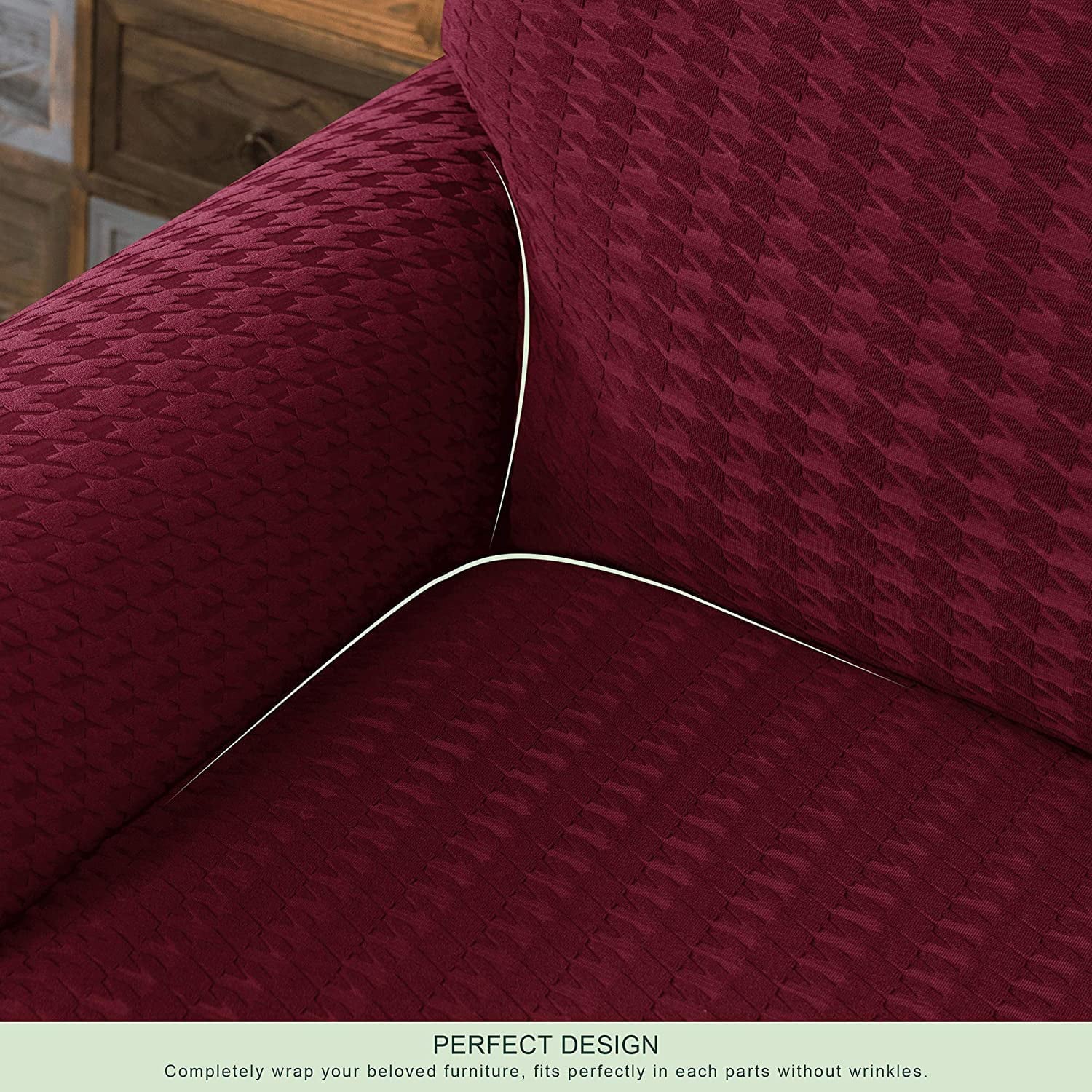 CHUN YI 1 Piece Stretch Houndstooth Sofa Slipcover Couch Cover (Wine, Armchair)