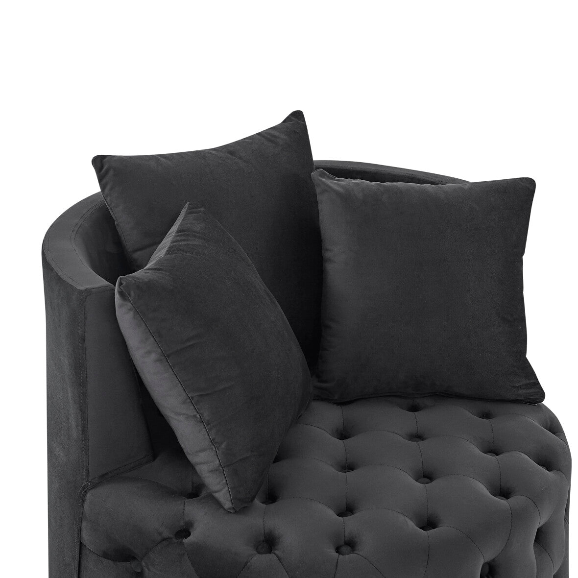 Swivel Barrel Chair, Modern Velvet Upholstered Lounge Chair with Button Tufted Design and Movable Wheels, Round Club Chair with 3 Pillows for Bedroom, Living Room, Lounge, Hotel. Black.