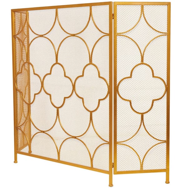 Gold Metal 50 in. W Foldable Mesh Netting 3 Panel Geometric Fireplace Screen with Quatrefoil Design