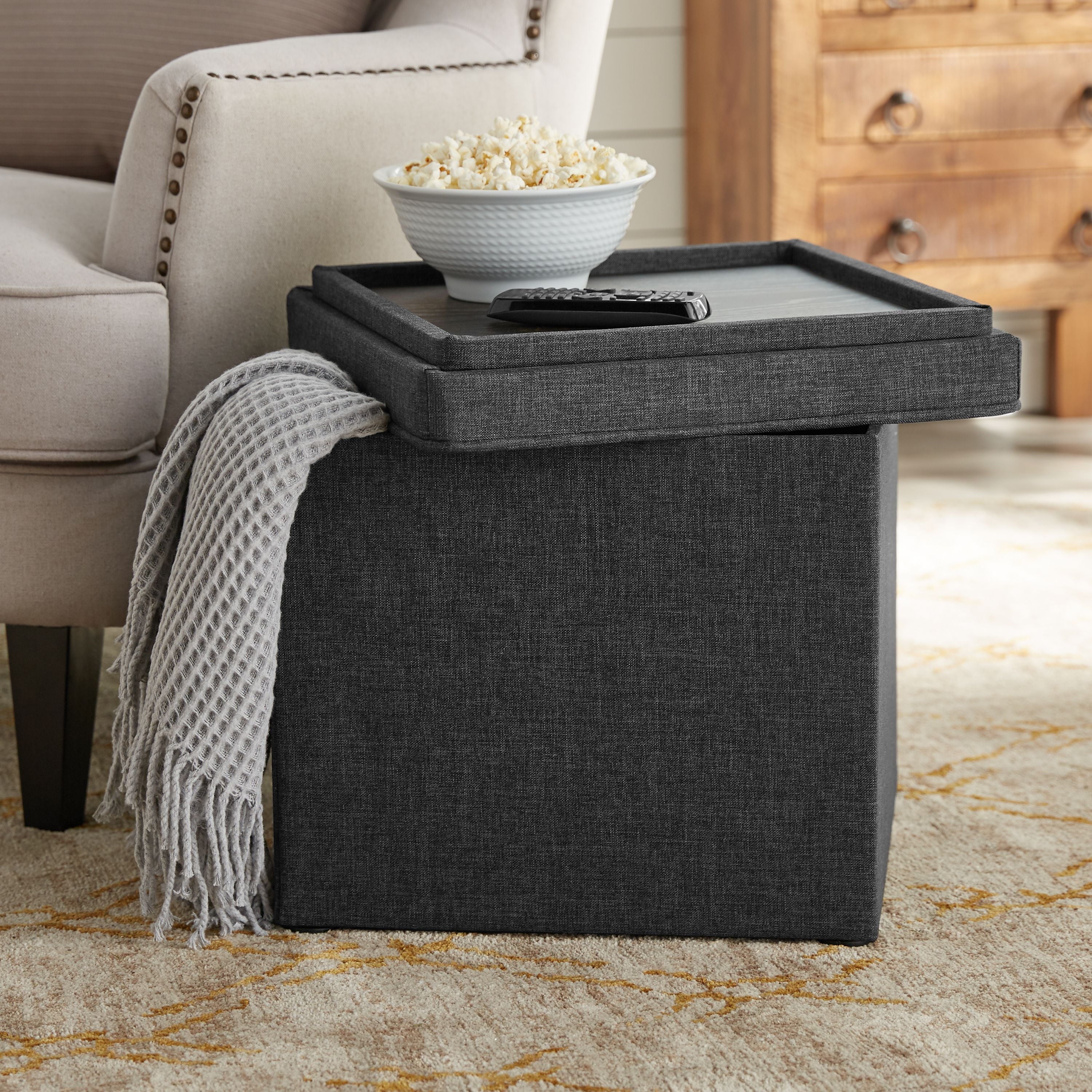 Better Homes & Gardens Addison Storage Ottoman with Tray, 16 Inch, Tan