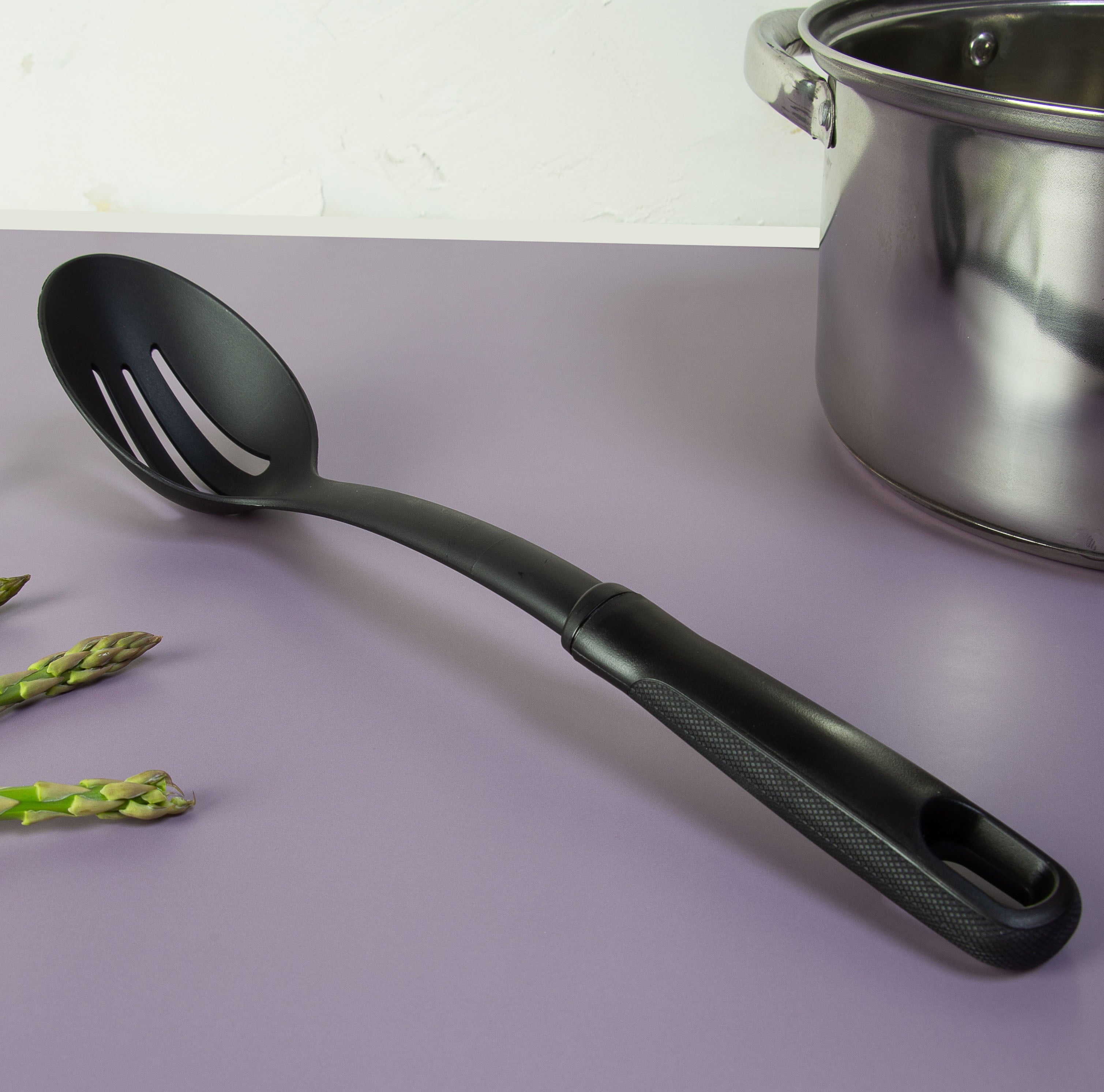 Mainstays Slotted Plastic Spoon, Soft-Grip Black Handle, Nylon Head