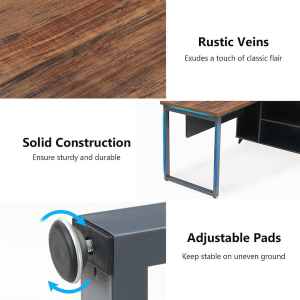 Lantz 55.1 in. L Shaped Desk Brown Engineered Wood 2-Drawers Executive Desk with Cabinet Shelves