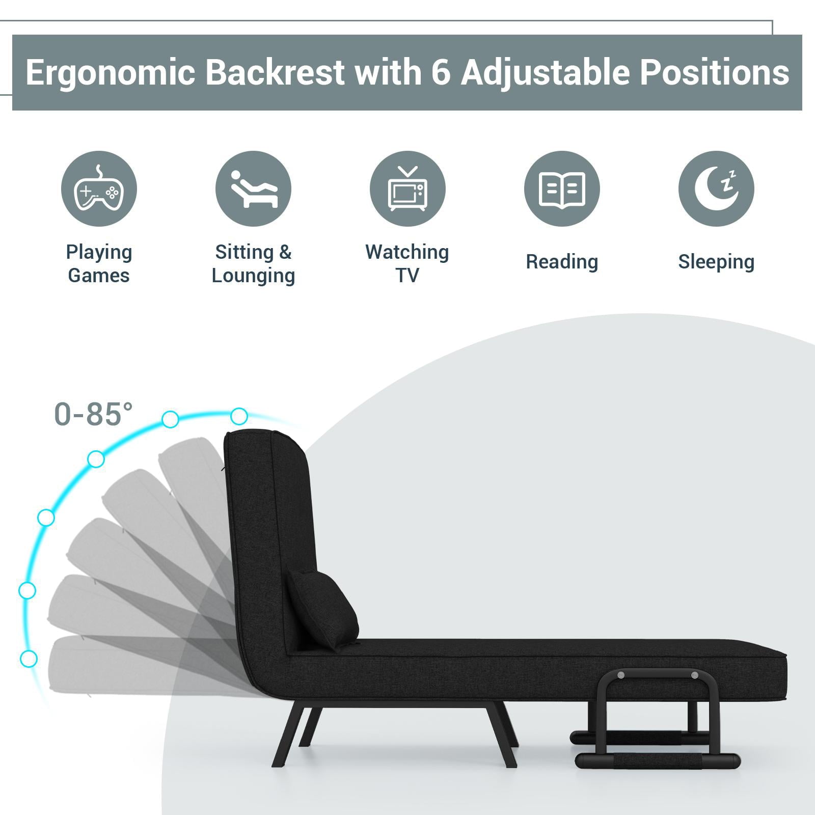 Giantex Convertible Sofa Chair Bed, Leisure Recliner Sleeper w/ 6 Adjustable Position Backrest into Lounge Seat, Folding Sofa Bed w/High Elastic Sponge, Durable Steel, Ideal for Home, Office (Black)