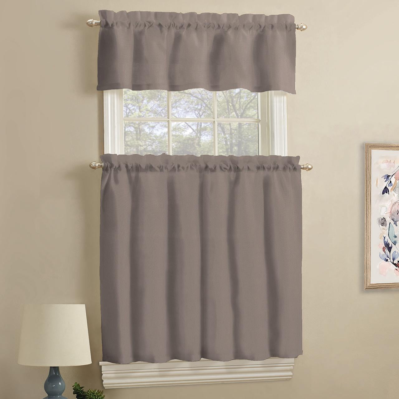 Mainstays 3 Piece Taupe Light Filtering Rod Pocket Tier and Valance Kitchen Curtain Set, 56
