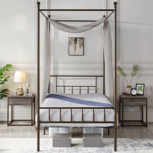 Metal Canopy Bed Frame With Headboard/Foot<wbr/>board Four-poster Bed Twin/Full/Quee<wbr/>n