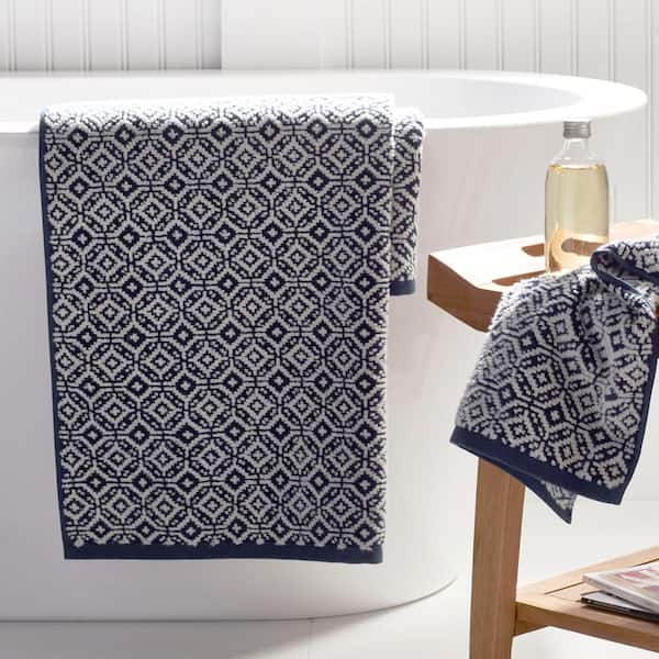 Company Cotton Navy and Cream Jacquard Navy Geometric Cotton Single Hand Towel