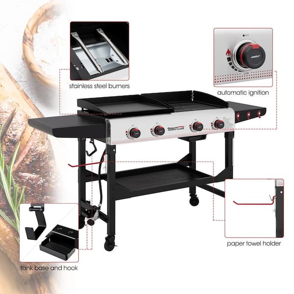 4-Burner 48,000 BTU Portable Flat Top Gas Grill and Griddle Combo Grill in Black with Folding Legs for Outdoor Cooking