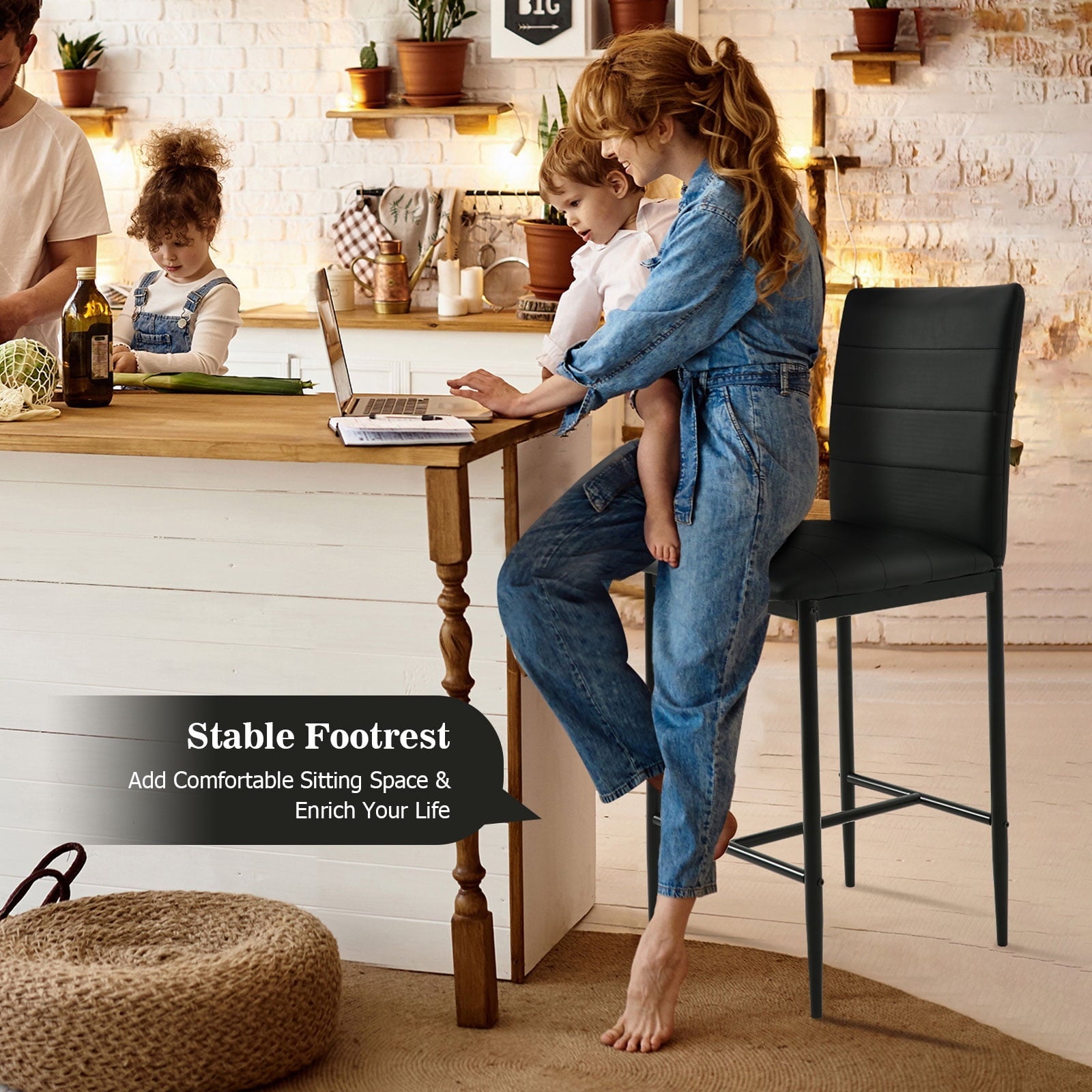 Surmoby Bar Stools Set of 2,Faux Leather Counter Height Bar Stools Set of 2,Industrial Stool Chairs with Back and Footrest,Black