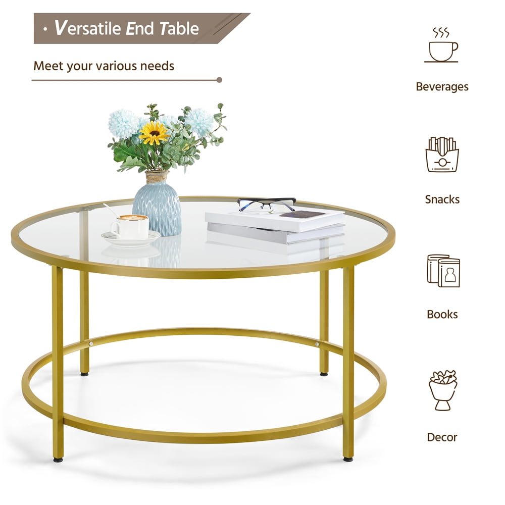 Alden Design Round Modern Glass-Top Coffee Table, Gold