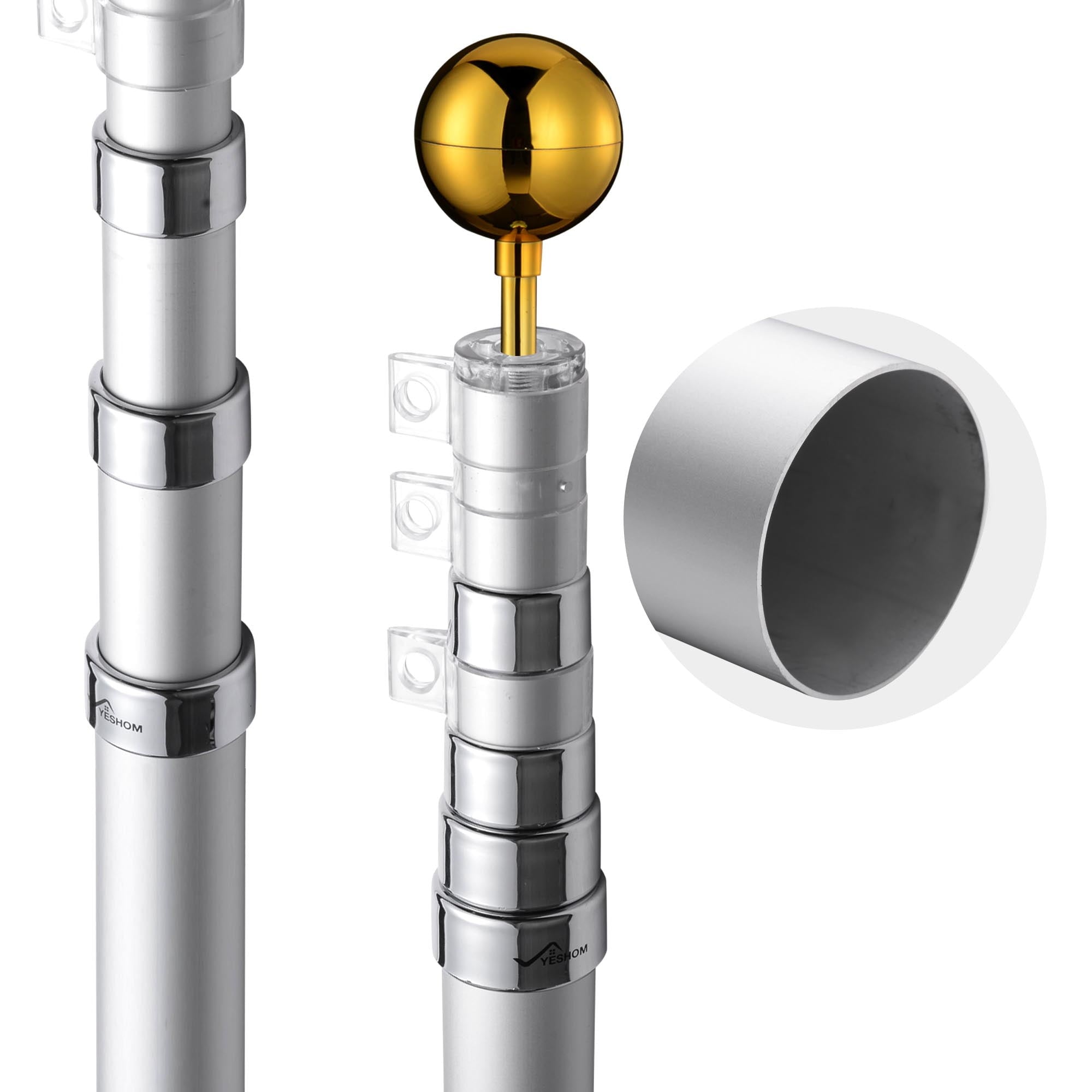 Yescom 20 Ft Telescopic Aluminum Flag Pole Free 3'x5' US Flag & Ball Top Kit 16 Gauge Telescoping Flagpole Fly 2 Flags