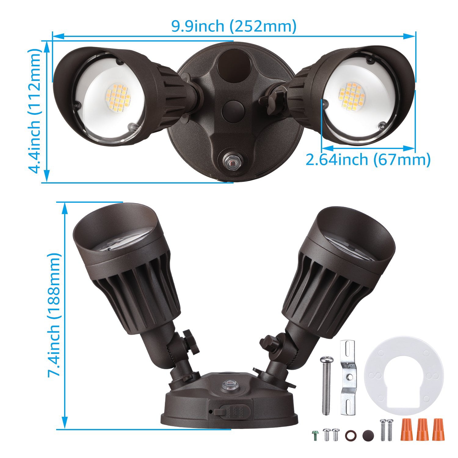 LEONLITE 2 Pack 3CCT LED Security Light, Dusk to Dawn LED Flood Light, Warm White/Cool White/Daylight Selectable, 2-Head Adjustable, 25W(200W Equiv.), Bronze