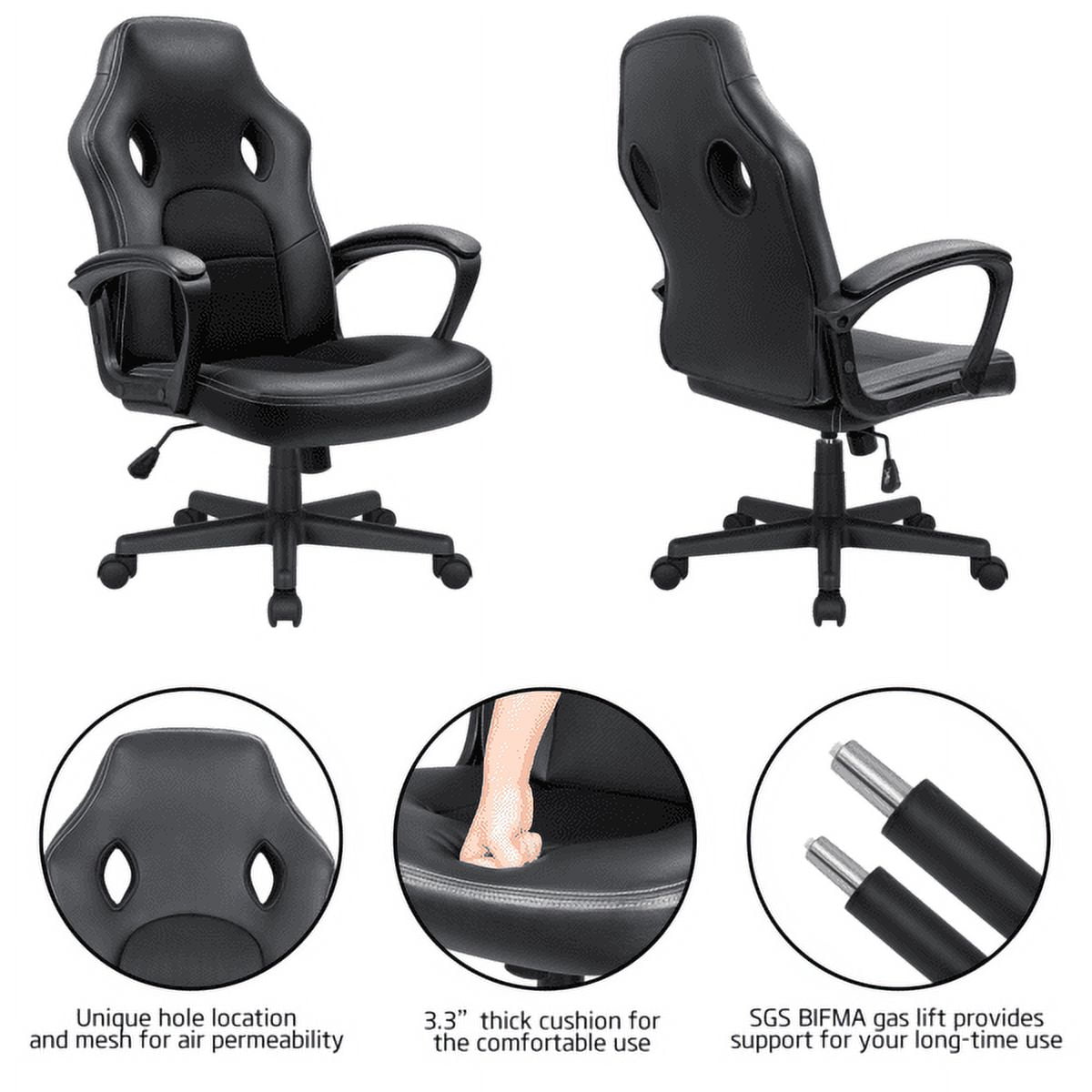 Vineego High Back Office Chair Faux Leather Gaming Racing Chair Ergonomic Adjustable Swivel Executive Chair, Black