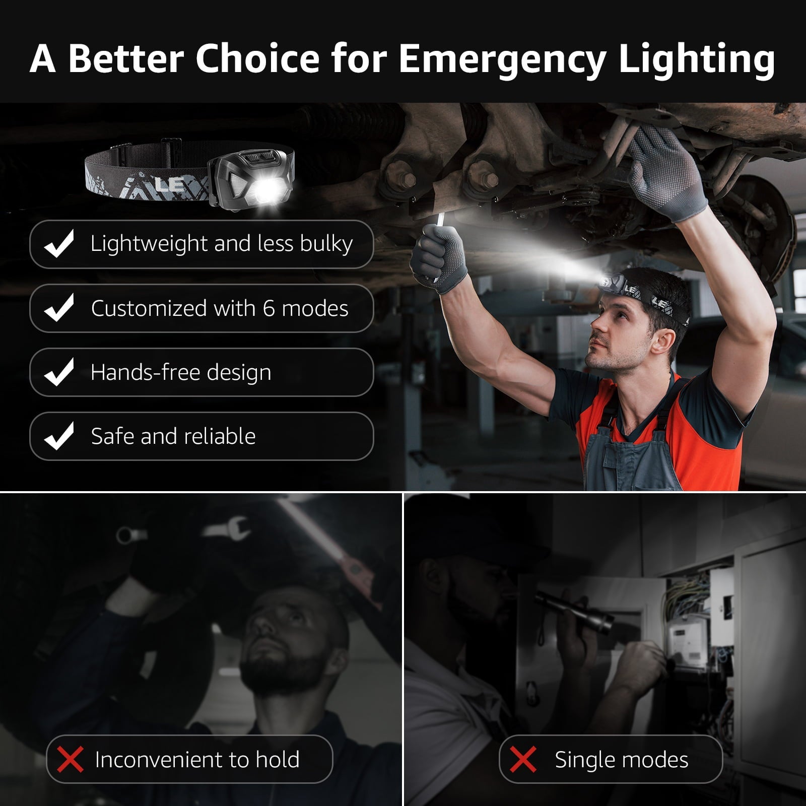Lepro 2-Pack LED Battery Powered Headlamp  , Super Bright Flashlights with Adjustable Headband and Red Lights 6 Modes, IPX4 Waterproof , Suitable for Outdoor Camping Sports